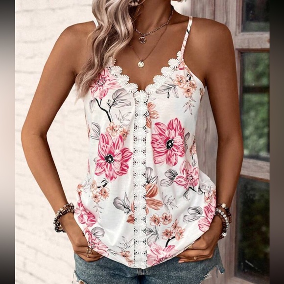 Boho Floral Lace Print Cami Top Blouse Shirt White - Picture 4 of 6